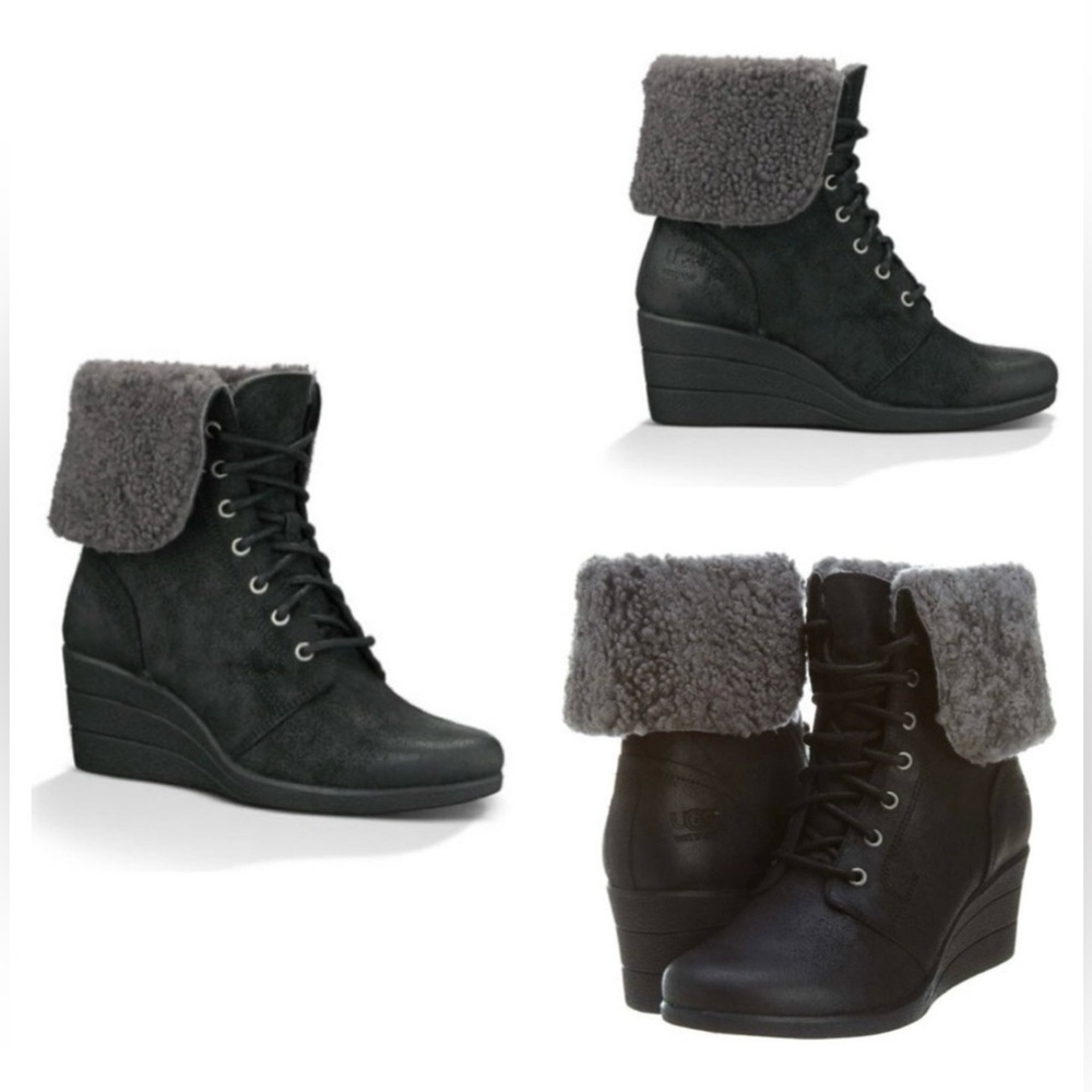 UGG Zea Waterproof Full-grain Leather Wedge Boots Foldable Wool Collar sz 8